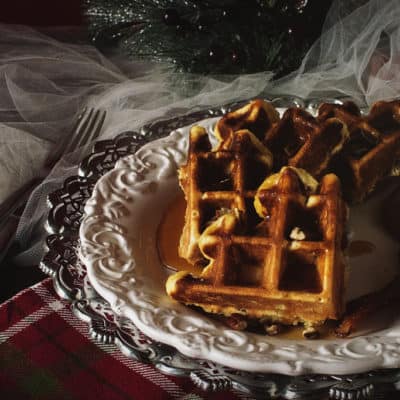 Spiked Eggnog Belgian Waffles with Warmed Boozy Syrup