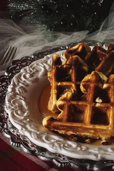 Spiked Eggnog Belgian Waffles with Warmed Boozy Syrup
