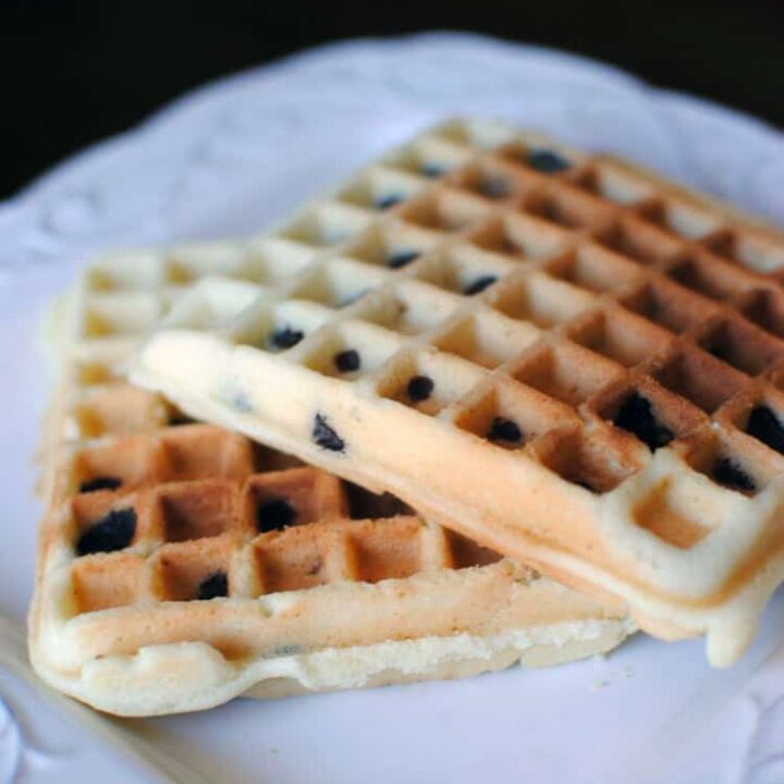 Chocolate chip Belgian waffles. Fluffy Belgian waffles studded with chocolate chips. Sunday morning brunch never tasted so good. Get the recipe from PassTheSushi.com