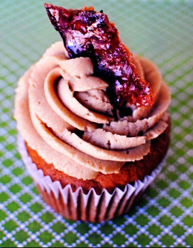 Maple Walnut Cream Cheese Cupcakes with Candied Bacon Garnish \\ Get the recipe on PassTheSushi.com