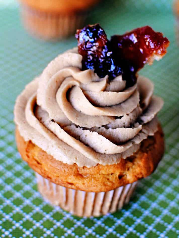 Maple Walnut Cream Cheese Cupcakes with Candied Bacon Garnish \\ Get the recipe on PassTheSushi.com