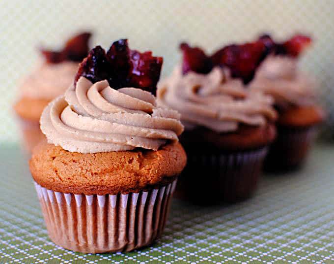 Maple Walnut Cream Cheese Cupcakes with Candied Bacon Garnish \\ PassTheSushi.com