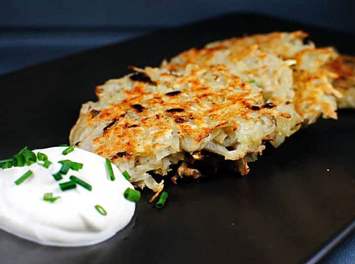 Potato latkes are seasoned, pan fried potato pancakes that are traditionally served for Hanukkah. \\ Recipe on PassTheSushi.com