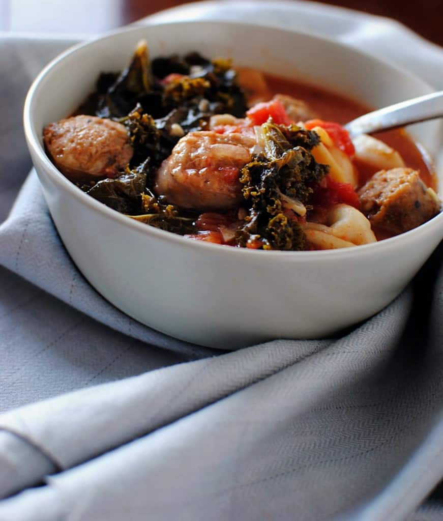 Sausage Soup with Mixed Greens and Cornmeal Dumplings \\ Recipe on PassTheSushi.com