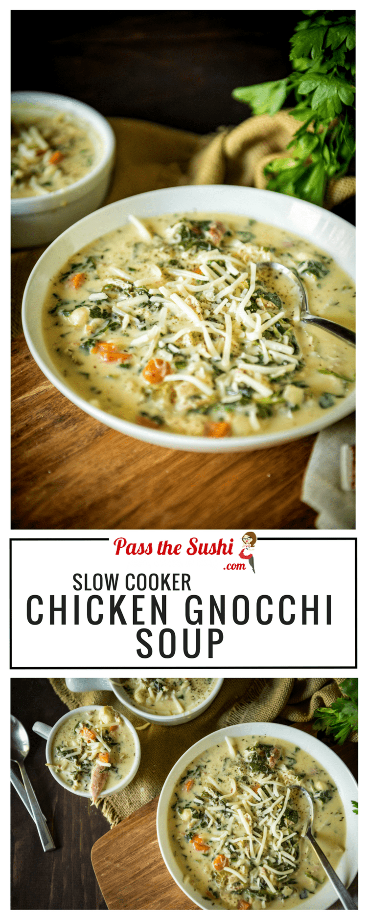 Perfect for leftovers, this slow cooker Chicken Gnocchi Soup is easy and so freaking delicious! Recipe at PasstheSushi.com