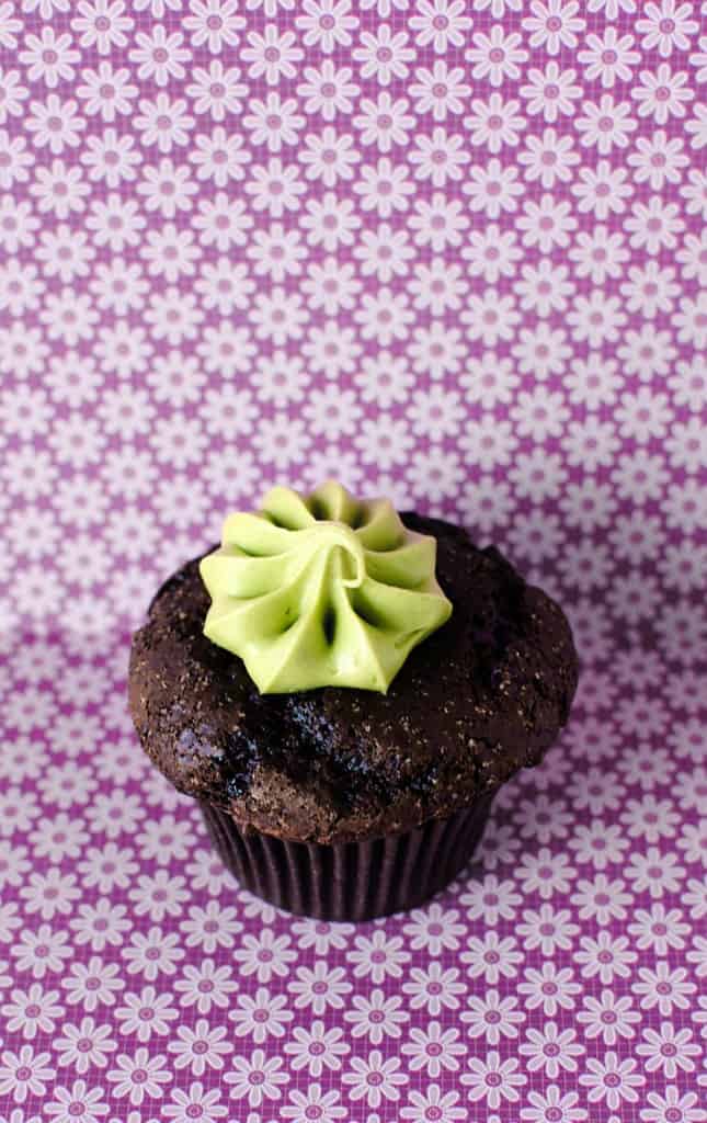 Matcha powder is added to a fluffy cream cheese frosting and swirled over the top of moist chocolate cupcakes.  Get the recipe from PassTheSushi.com