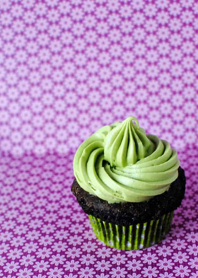 Matcha powder is added to a fluffy cream cheese frosting and swirled over the top of moist chocolate cupcakes.  Get the recipe from PassTheSushi.com