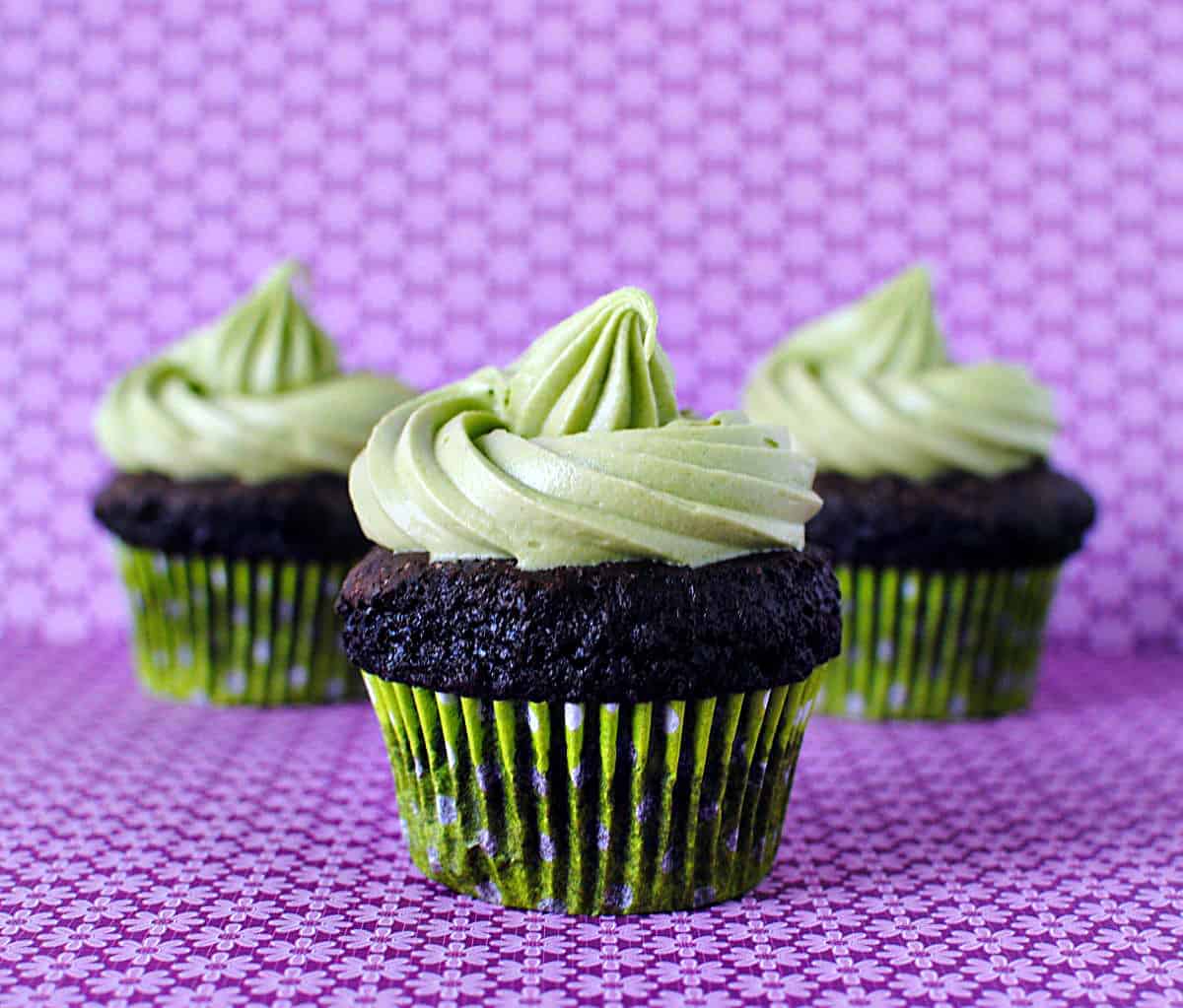 Matcha powder is added to a fluffy cream cheese frosting and swirled over the top of moist chocolate cupcakes. Get the recipe from PassTheSushi.com
