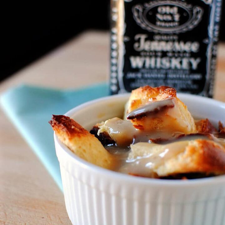 bread pudding close up with whiskey sauce