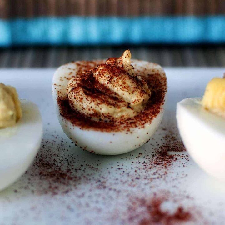 3 varieties of deviled eggs. Classic deviled eggs, Southern deviled eggs, and bacon cheddar deviled eggs.