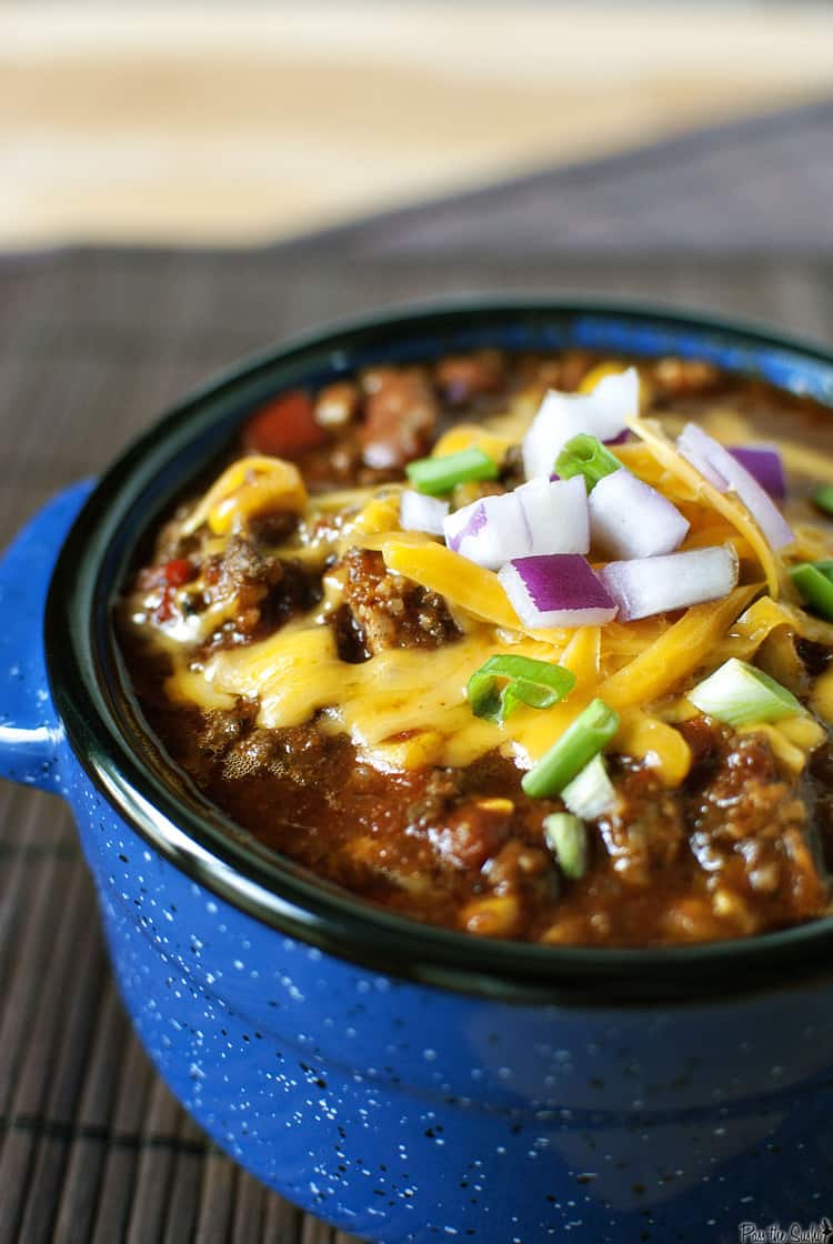 Melted cheese over a hearty bowl of crock pot chili. 