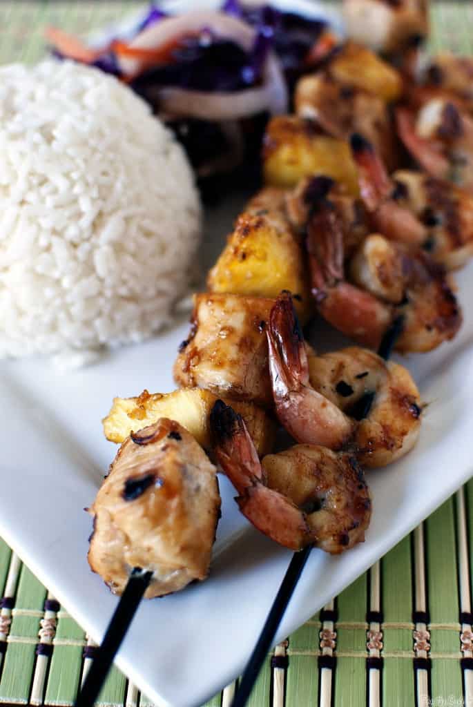 Tropical kabobs are skewers of chicken, shrimp, and pineapple that have been marinated in a tropical flavored marinade. \\ Recipe on PassTheSushi.com
