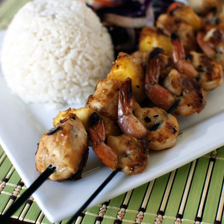 Tropical kabobs are skewers of chicken, shrimp, and pineapple that have been marinated in a tropical flavored marinade. \\ Recipe on PassTheSushi.com
