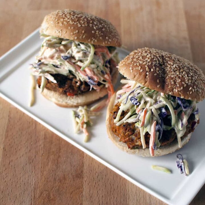 Turkey burgers, flavored with Thai seasoning, grilled, then topped with crunchy and healthy broccoli slaw. \\ PassTheSushi.com