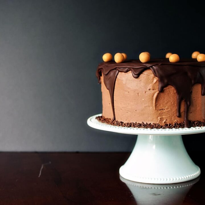 Chocolate peanut butter layer cake. Chocolate cake layered with creamy peanut butter filling and topped with rich chocolate frosting. // PassTheSushi.com