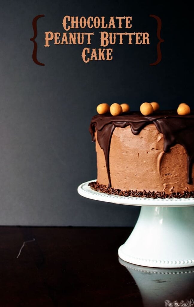 Chocolate peanut butter layer cake. Chocolate cake layered with creamy peanut butter filling and topped with rich chocolate frosting.