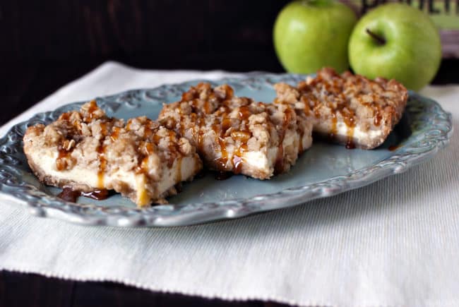 Caramel apple cheesecake cookie bars are the perfect welcome to fall baking!  Recipe on PassTheSushi.com