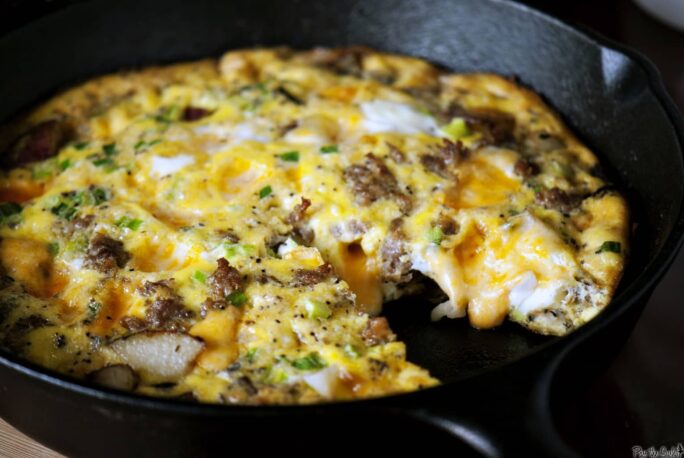 Potato frittata is the perfect breakfast, brunch, or dinner recipe. This frittata is loaded with pork sausage, potatoes, cheese and onions. \\ PassTheSushi.com