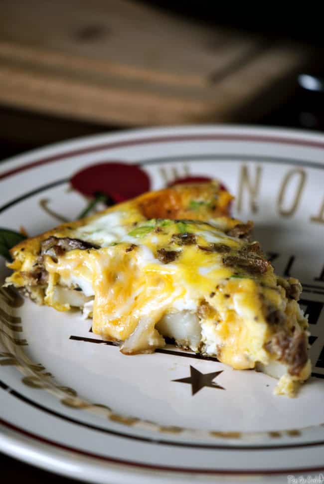 Potato frittata is the perfect breakfast, brunch, or dinner recipe. This frittata is loaded with pork sausage, potatoes, cheese and onions.  PassTheSushi.com