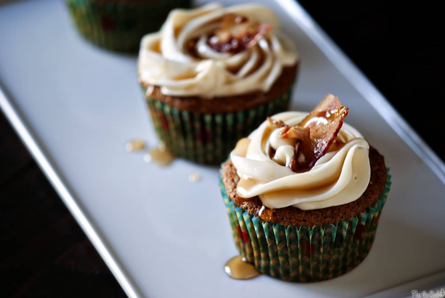Maple French toast bacon cupcakes. ﻿The name is a mouthful, and so are the cupcakes... a mouthful of deliciousness! \\ PassTheSushi.com