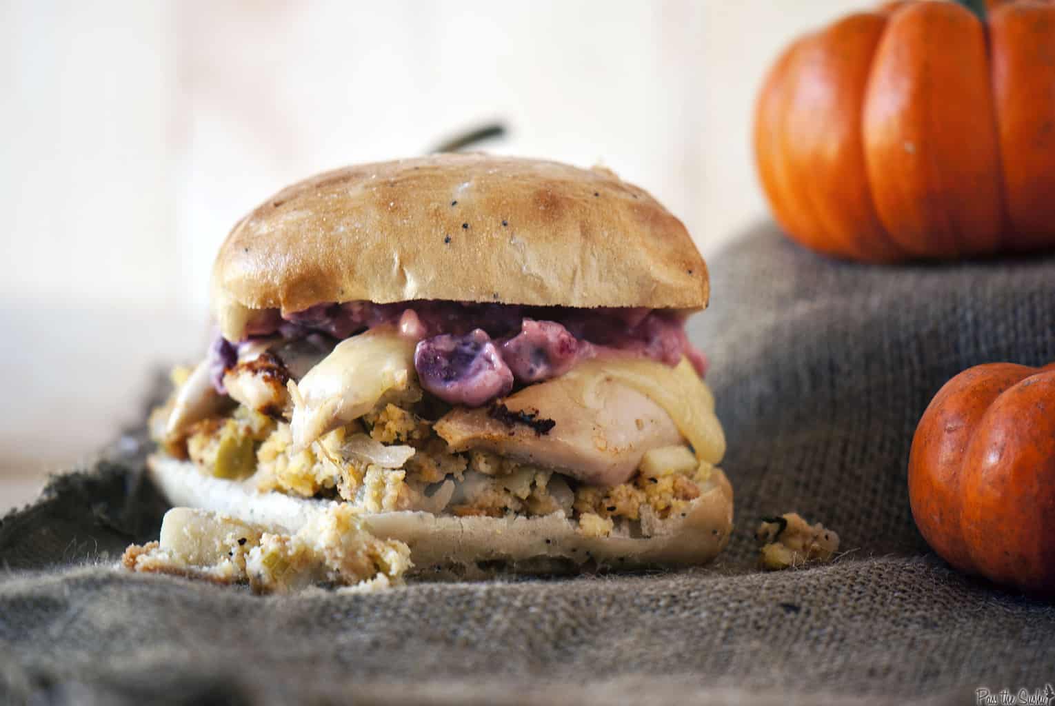Pilgrim sandwich: A compilation of Thanksgiving leftovers, tucked inside of a hearty roll. It's the perfect day-after-Thanksgiving lunch! \\ Recipe on PassTheSushi.com