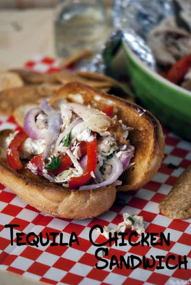 Tequila chicken sandwiches have sweet and spicy peppers, onions, quick pulled rotisserie chicken, melted gooey cheese, and liquor, all on a soft bun. | PassTheSushi.com