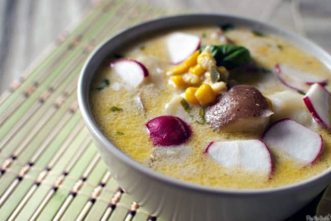 Thai corn chowder is comfort food in a bowl! This creamy, hearty soup has a tingle of heat to warm you up from the inside out. \\ PassTheSushi.com