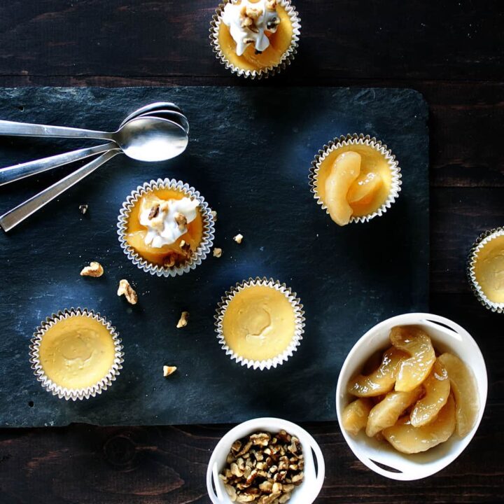Individual serving cheesecakes topped with fruity sweet apple pie filling. This easy, semi-homemade dessert recipe is sure to make your taste buds happy. \\ PassTheSushi.com