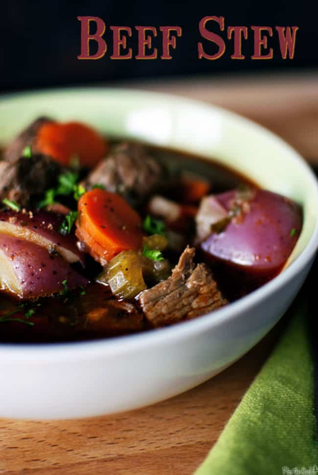 Hearty beef stew is full of tender beef, carrots, onions, celery, and baby red potatoes. It's a stick-to-your-ribs dinner, perfect for Sunday dinner or a family holiday meal. \\ PassTheSushi.com