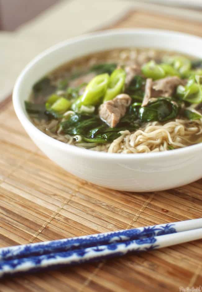 Ramen noodle soup is a comfort food favorite. This ramen recipe uses Japanese flavors to season tender pieces of pork, scallions, ginger, and spinach.