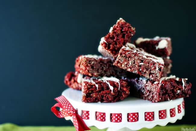 A stack of red velvet rice krispie treats - an easy recipe using cake mix to add flavor! 