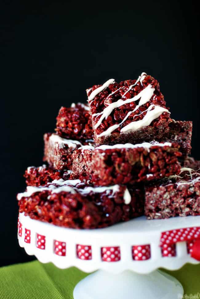 Red velvet cake mixes levels up classic rice krispies in this pile of treats on a platter. 