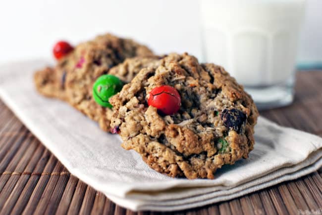 Kitchen sink cookies are chewy oatmeal cookies, loaded with peanut butter, coconut, chocolate candies, pretzels, and raisins. You know, everything but the kitchen sink! \\ PassTheSushi.com