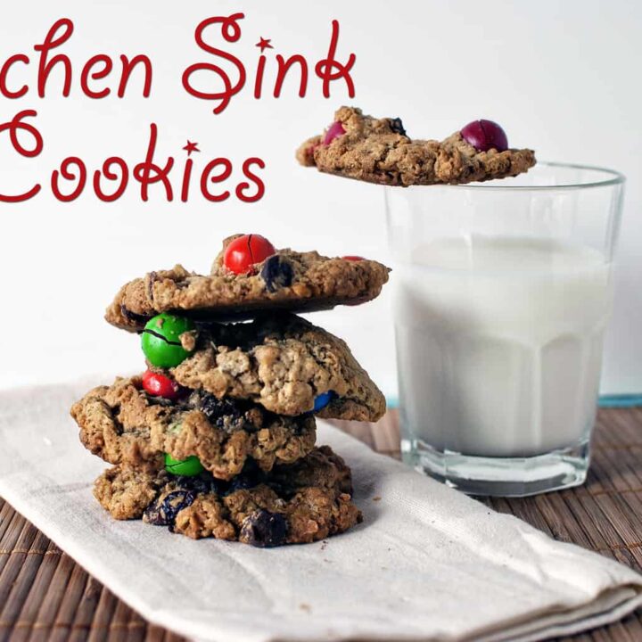 ﻿Kitchen sink cookies ﻿are chewy oatmeal cookies, loaded with peanut butter, coconut, chocolate candies, pretzels, and raisins. You know, everything but the kitchen sink! \\ PassTheSushi.com