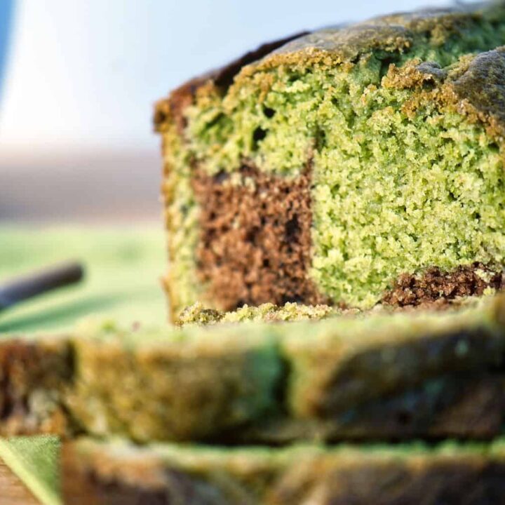 Matcha-chocolate marble cake is moist, full of flavor, and brimming with bold green color! Get the easy cake recipe on PassTheSushi.com