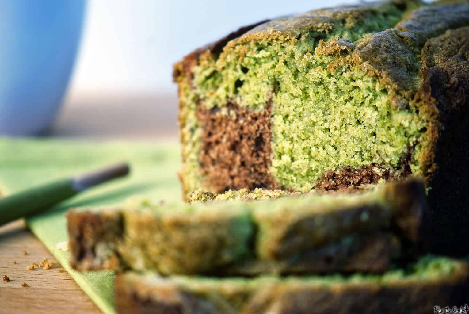 Matcha-chocolate marble cake is moist, full of flavor, and brimming with bold green color! Get the easy cake recipe on PassTheSushi.com
