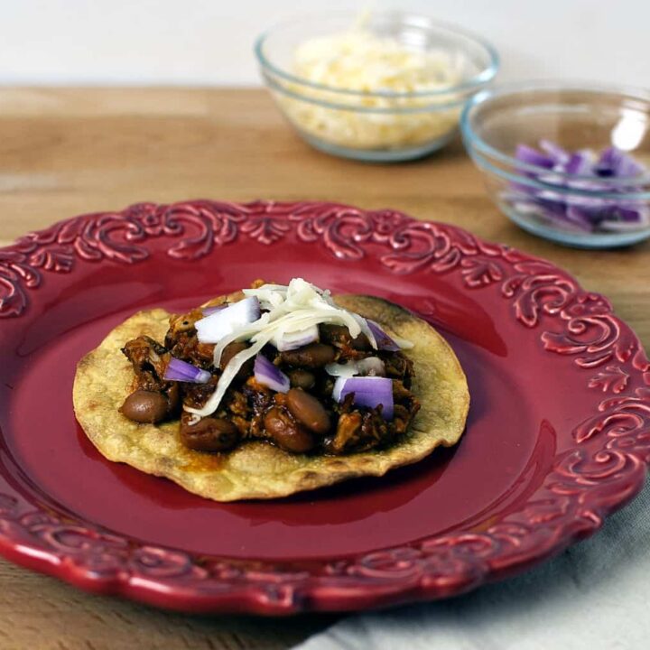 Pork tinga is a Mexican tostada dish made with flavorful shredded pork. It's an easy to prepare, hearty, and filling comfort food dinner. \\ PassTheSushi.com