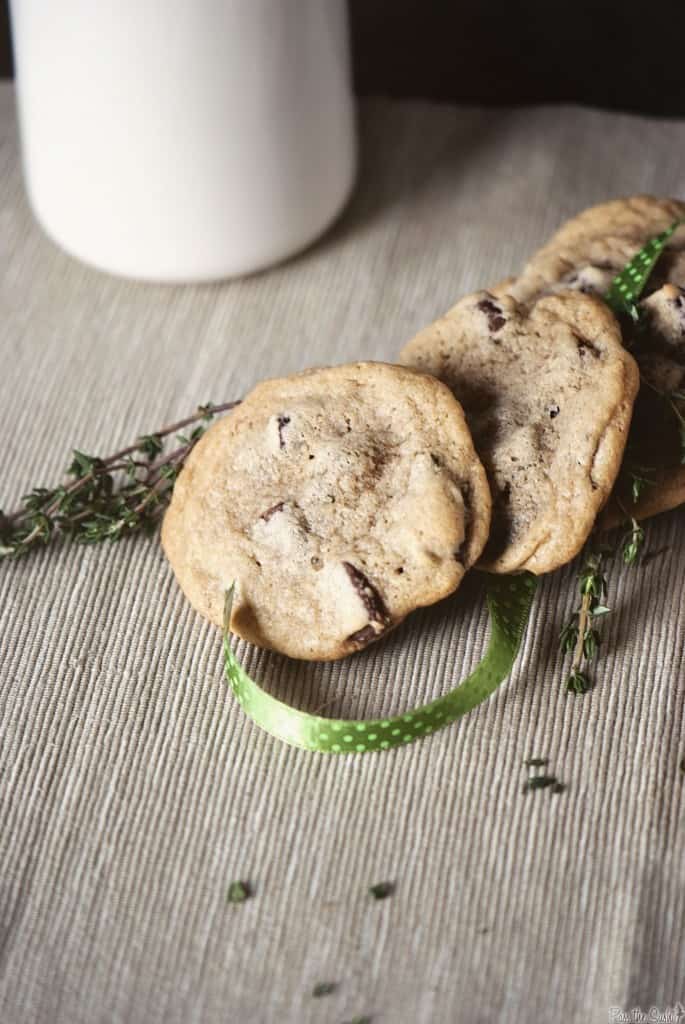 Stack of salted chocolate chip cookies with dark chocolate chunks.