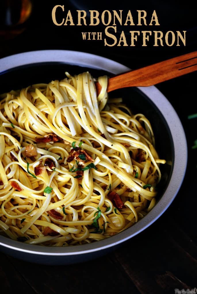 Carbonara is a classic Italian sauce made with tempered eggs, bacon, and cheese. The addition of saffron brings a new flavor profile to this comfort food recipe. | PassTheSushi.com