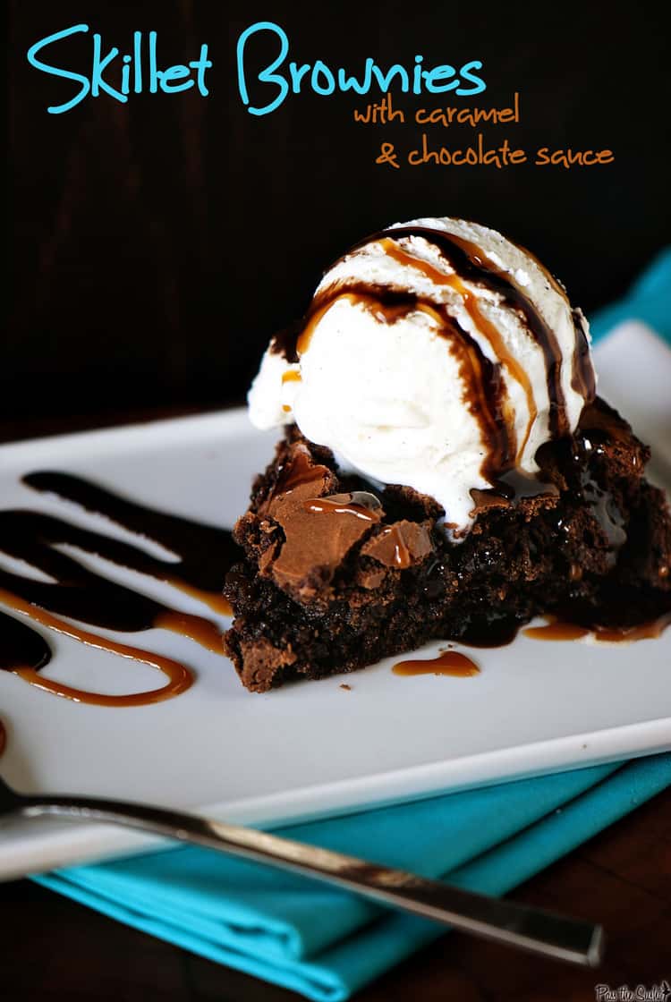Skillet brownies ﻿topped with vanilla ice cream, then drizzled with caramel and chocolate sauce take fudgy brownies to the next level of goodness. They become a skillet brownies sundae! | PassTheSushi.com