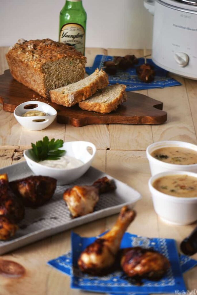 Two fantastic game day recipes, for homemade beer bread and three-cheese beer soup. Your game day needs these easy recipes!