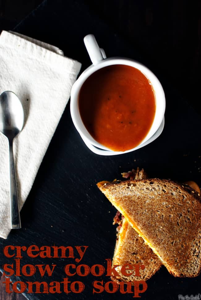 Slow cooker tomato soup is creamy and comforting, and pairs exceptionally well next to a grilled cheese sandwich. This easy slow cooker recipe is a must make! \ PassTheSushi.com