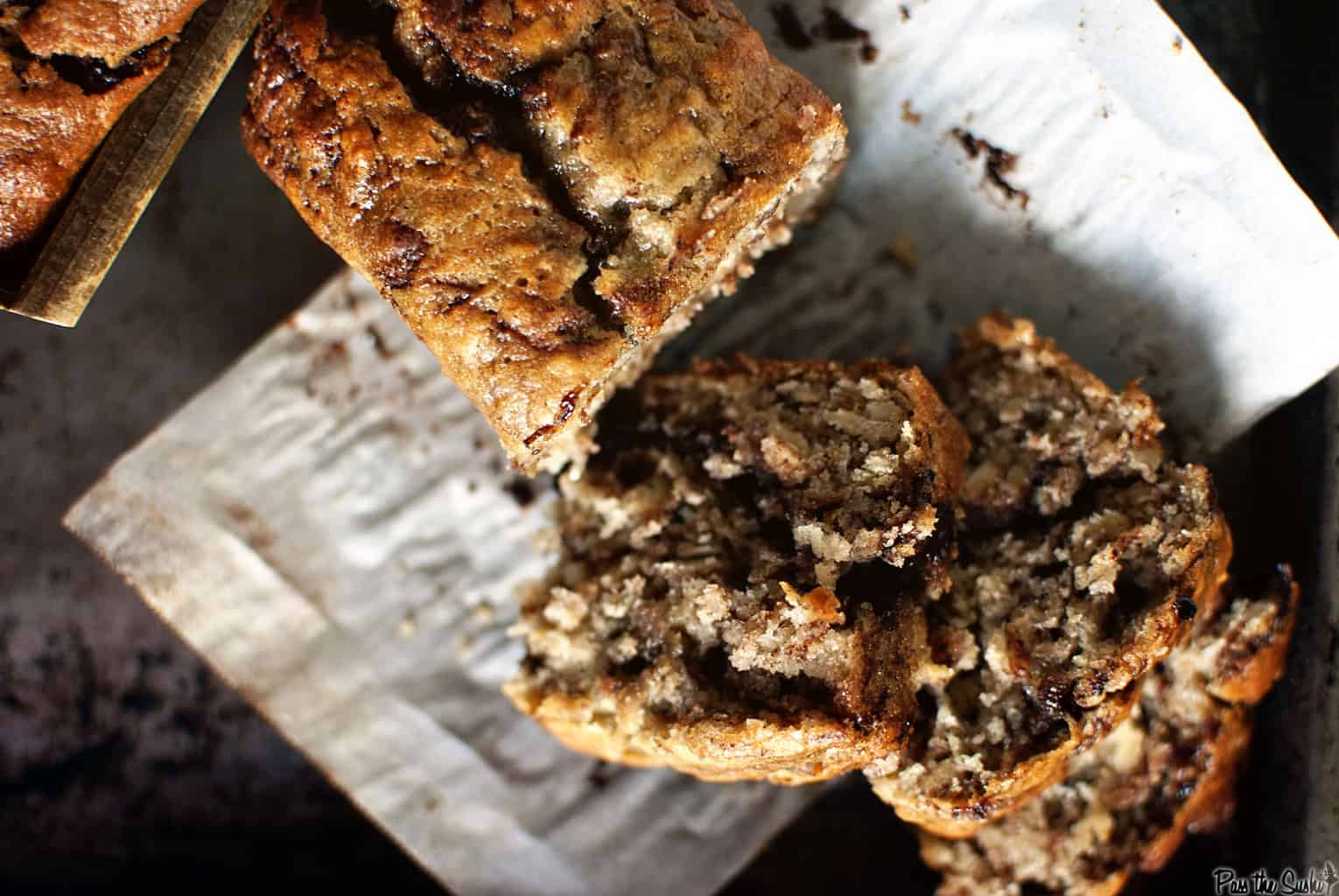 close up of sliced nutella swirled banana bread