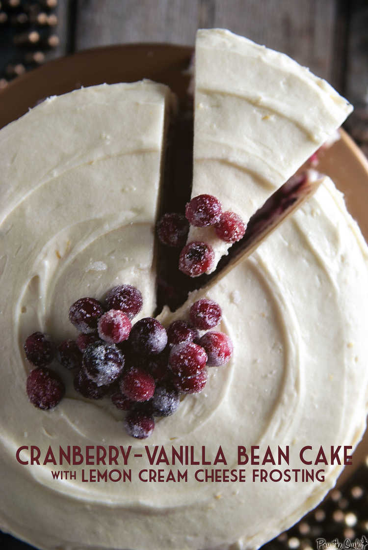 Overhead shot of the cake showing swirls of cream cheese frosting and sugared cranberries.