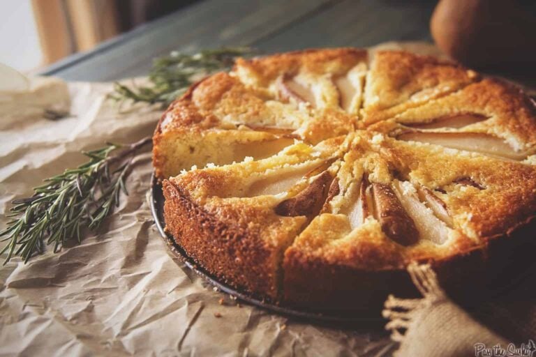 Pear Cornmeal Cake with Rosemary Simple Syrup