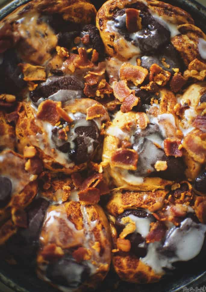 Bacon Topped Chocolate Stuffed Cinnamon Buns | Kita Roberts PassTheSushi