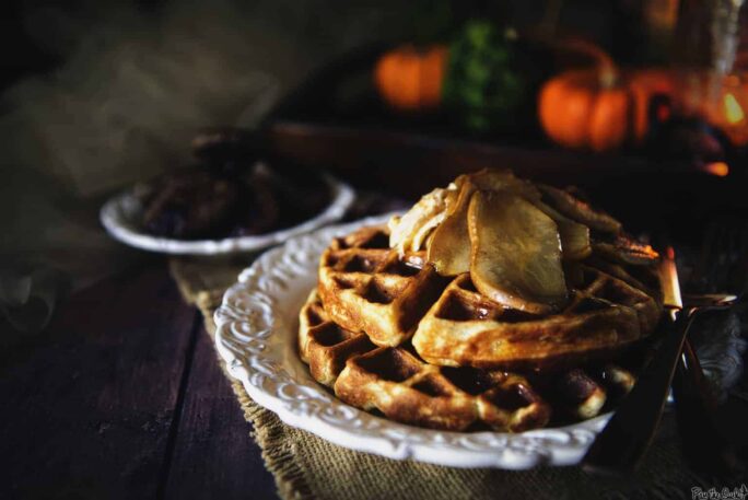 Spiced Buttermilk Waffles with Amaretto Glazed Pears | Kita Roberts PassTheSushi.com