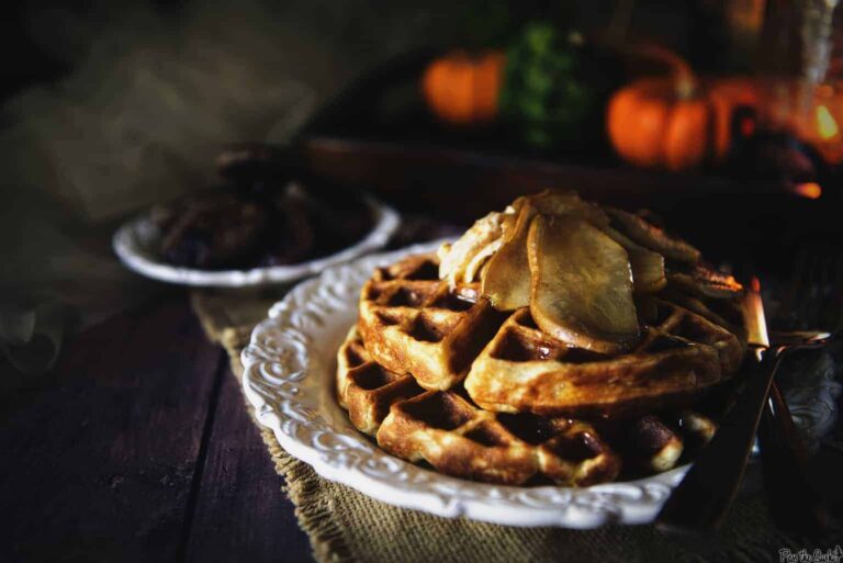 Spiced Buttermilk Waffles with Amaretto Glazed Pears