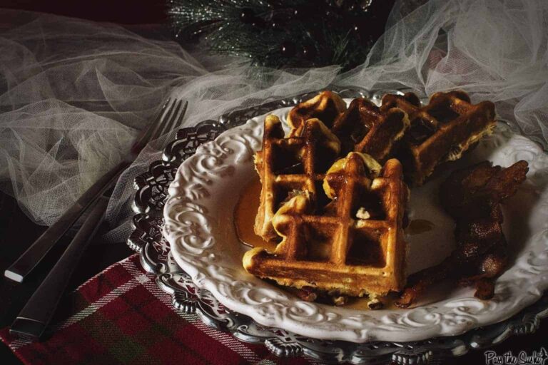 Spiked Eggnog Belgian Waffles with Warmed Boozy Syrup