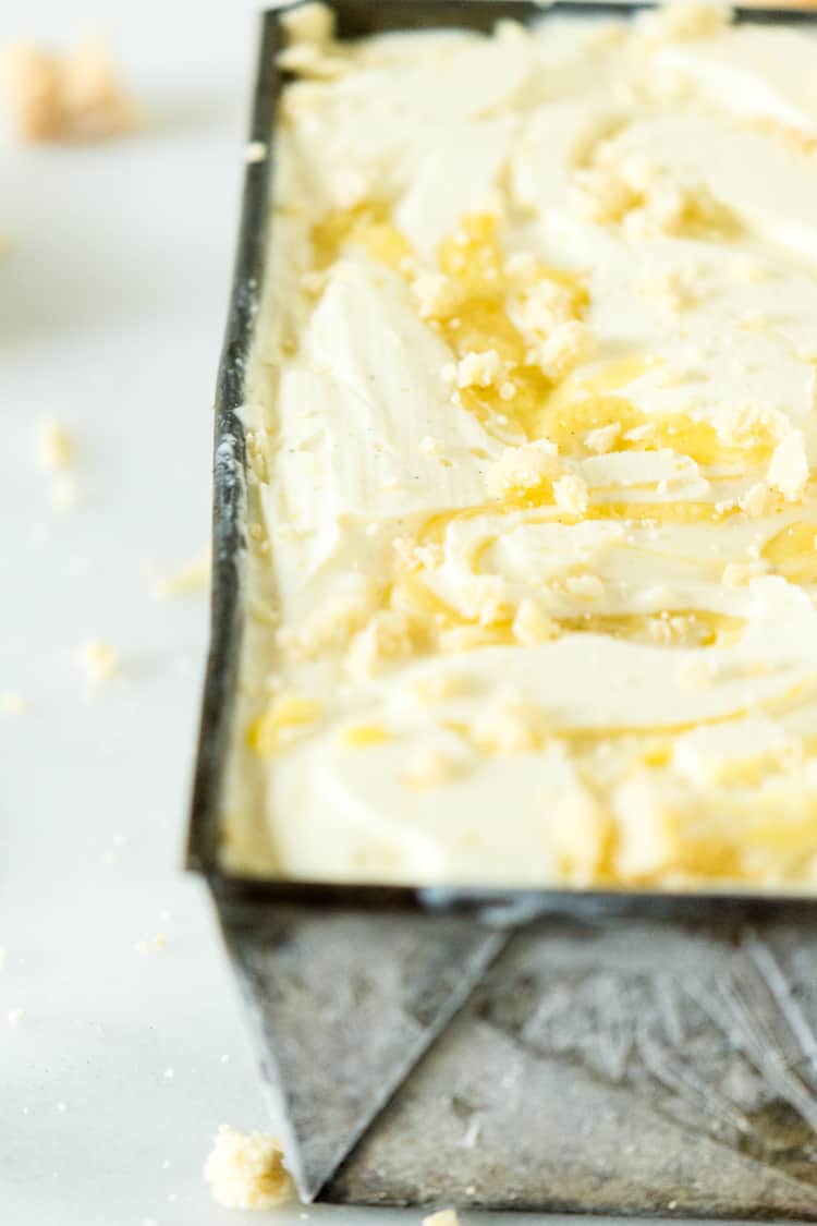 Closeup of Limoncello Gelato with Vanilla Lemon Curd Swirl in a baking pan | Kita Roberts PassTheSushi.com